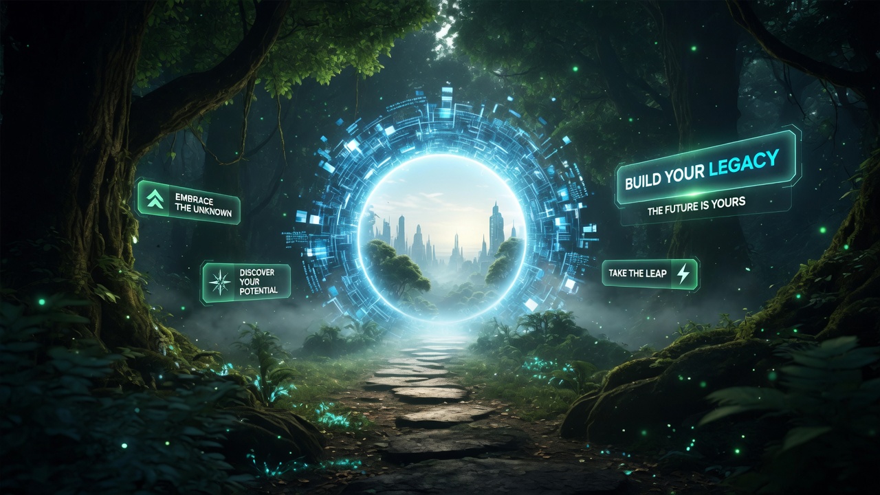 Forest path leading through a glowing portal toward a future city skyline