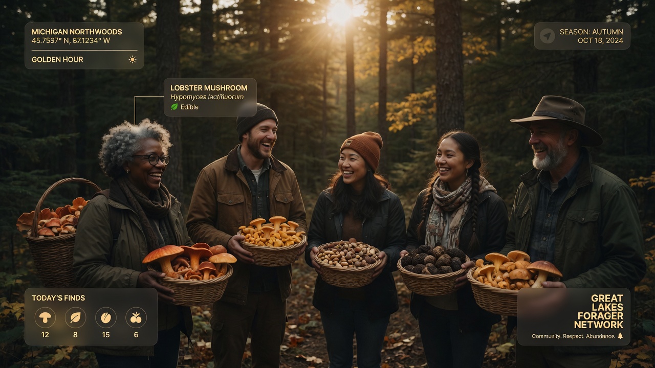 Diverse group of foragers holding baskets of wild mushrooms in a Michigan forest