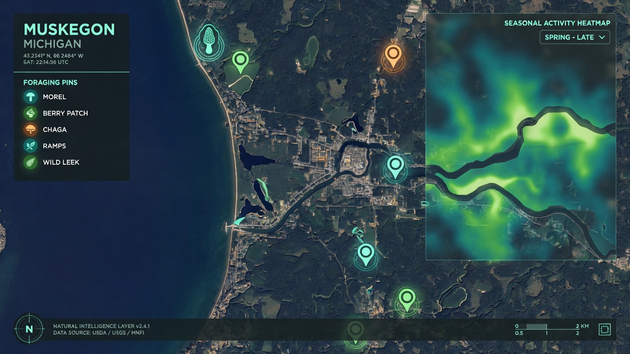 Muskegon Michigan foraging map concept with pins and seasonal heatmap